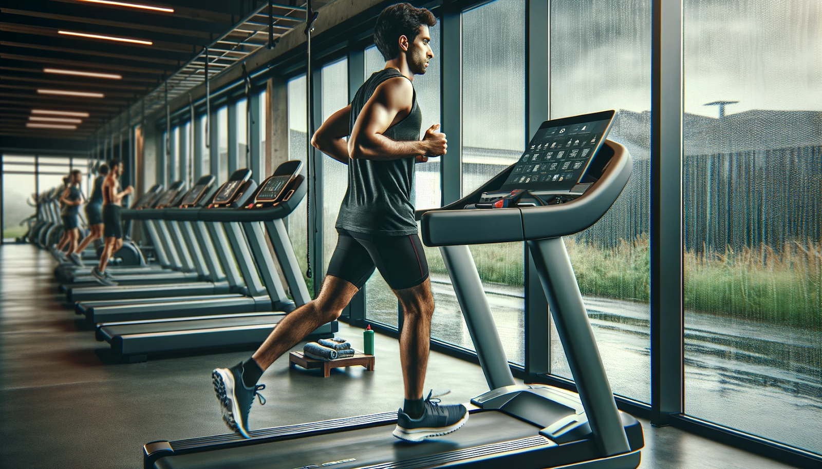 A male in athletic wear is focused and determined, running at a steady pace on the treadmill. The gym is modern and bright, with large windows showing a rainy day outside. The treadmill's digital display shows various settings, and there's a water bottle and a towel nearby.