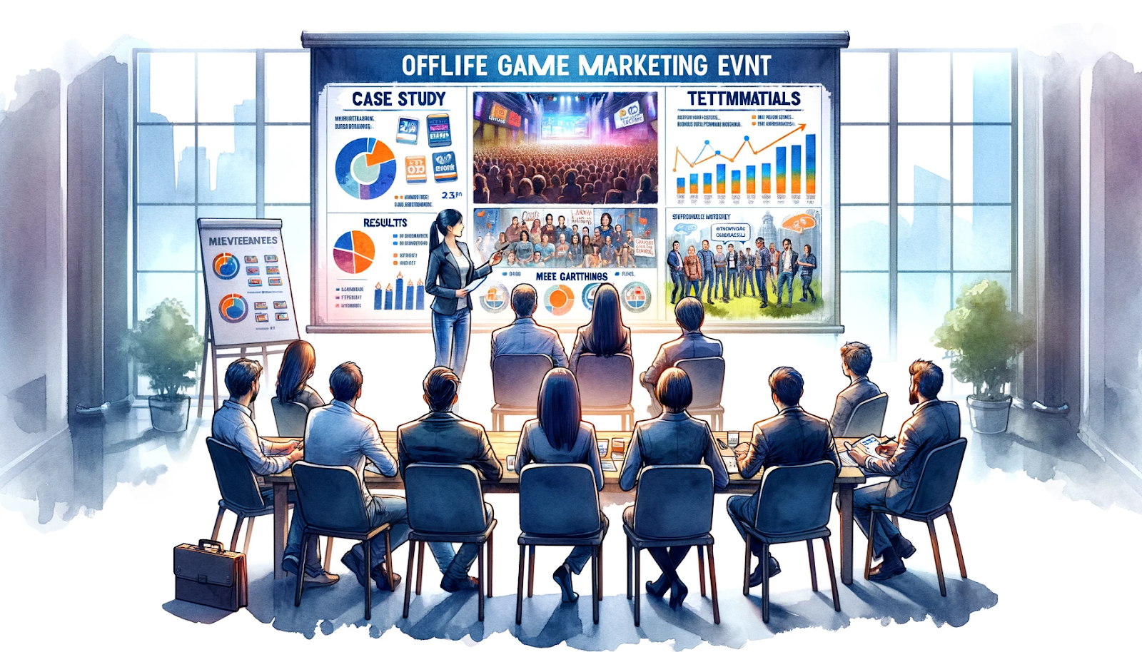 a team meeting where marketing professionals present a case study of a successful offline game marketing event. 