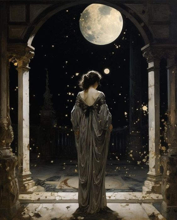 This illustration is the back view of a feminine silhouette adorned in a dress as she looks at the moon.