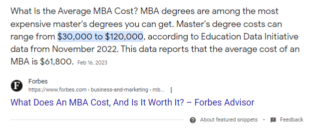 paragraph-style featured snippet example search for the cost of an MBA