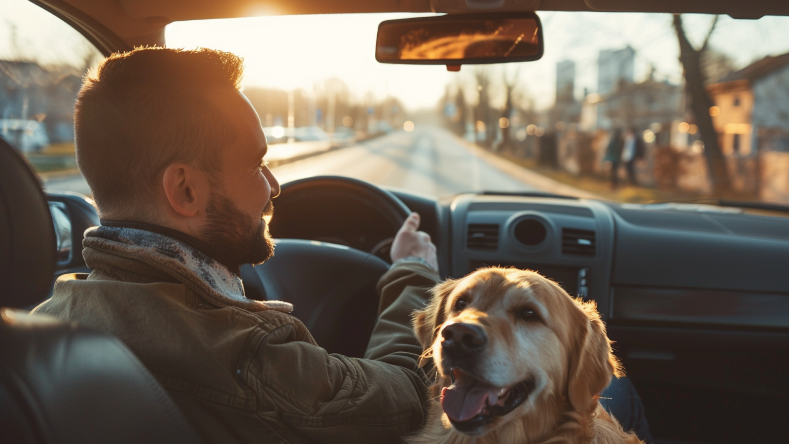 A man and his dog inside a car enjoying a scenic drive in Warsaw, Poland