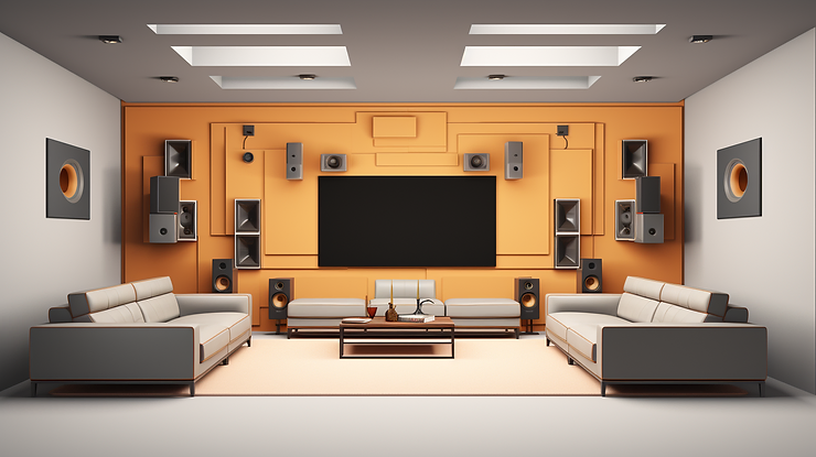 A home theater setup with acoustic panels positioned on the rear wall, enhancing surround sound for an immersive experience