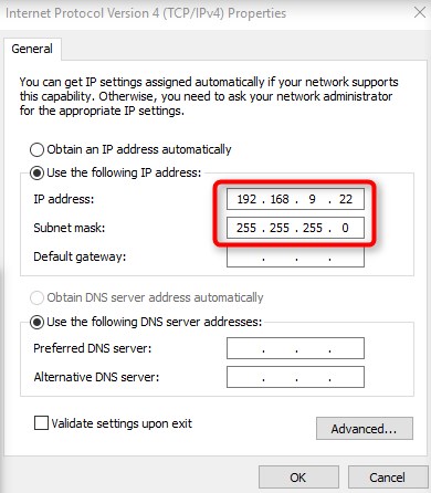 Как только на экране появится IP-адрес (например, 192.168.9.21), задайте локальной машине статический IP-адрес, чтобы она находилась в одной сети с телефоном (например, 192.168.9.22).