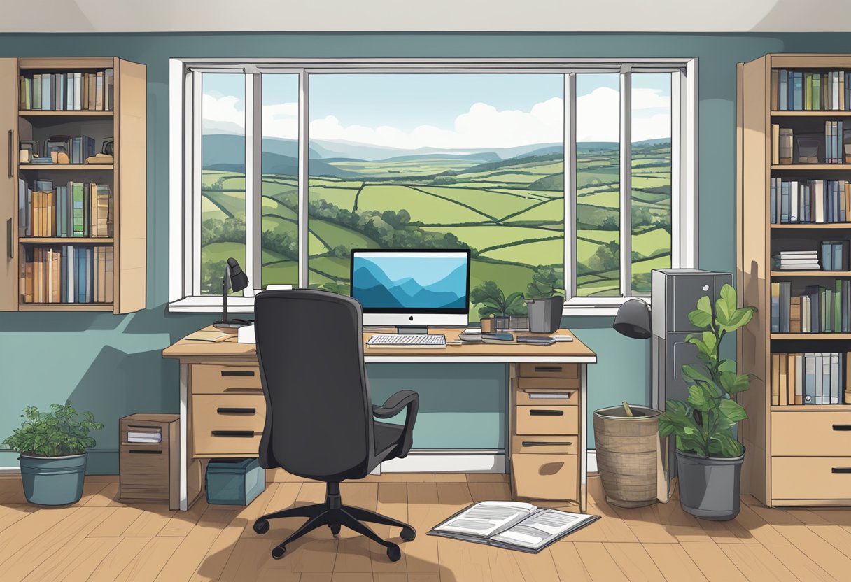 An office in Yorkshire with a computer, SEO books, and a Yorkshire landscape in the background