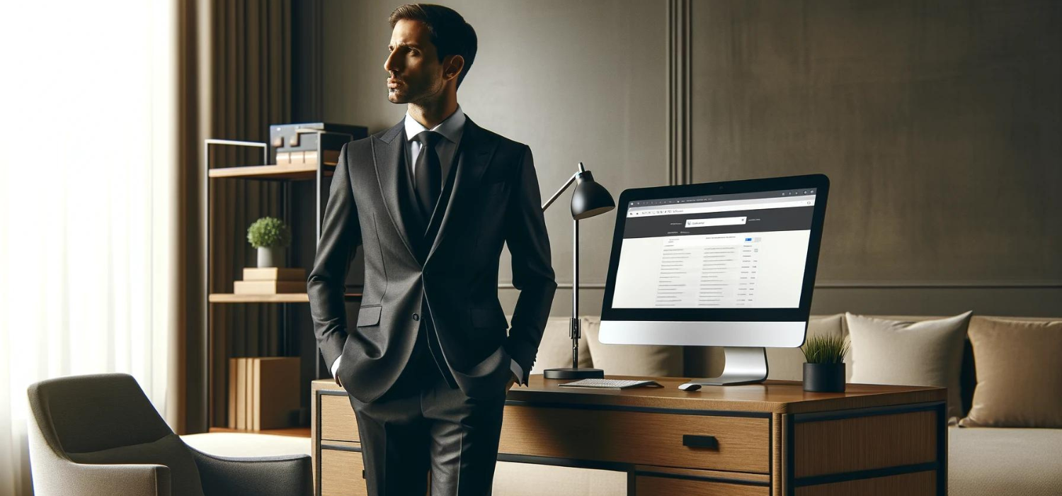 An executive with a monitor showing a best search engine for hotel