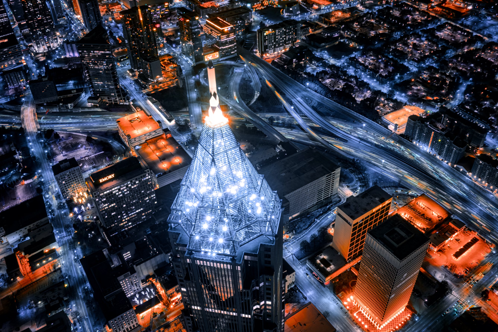 Aerial photo of downtown Atlanta at night.