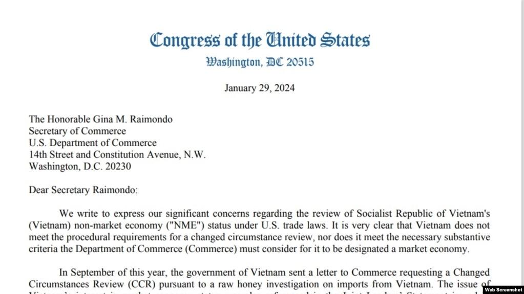 Thư của 25 dân biểu gửi Bộ Thương mại Mỹ yêu cầu không cấp quy chế kinh tế thị trường cho Việt Nam. 