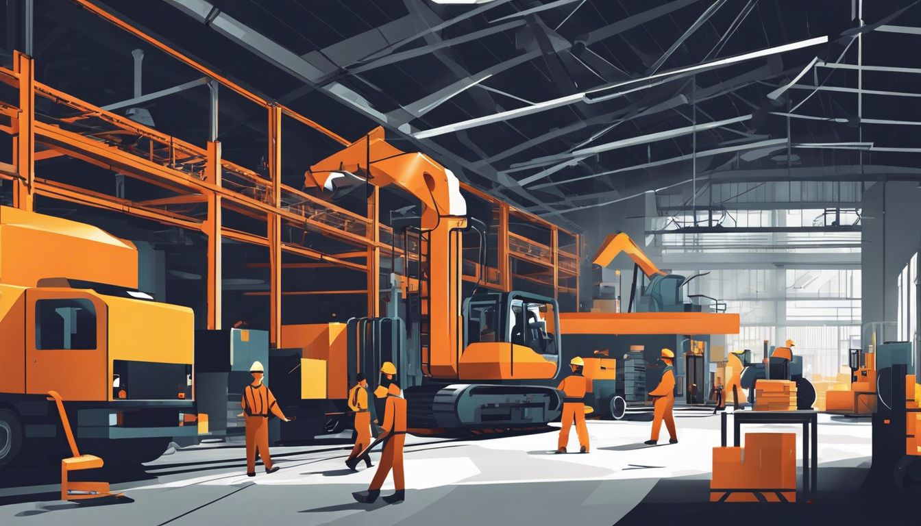 A modern industrial warehouse with complex machinery and workers in motion.