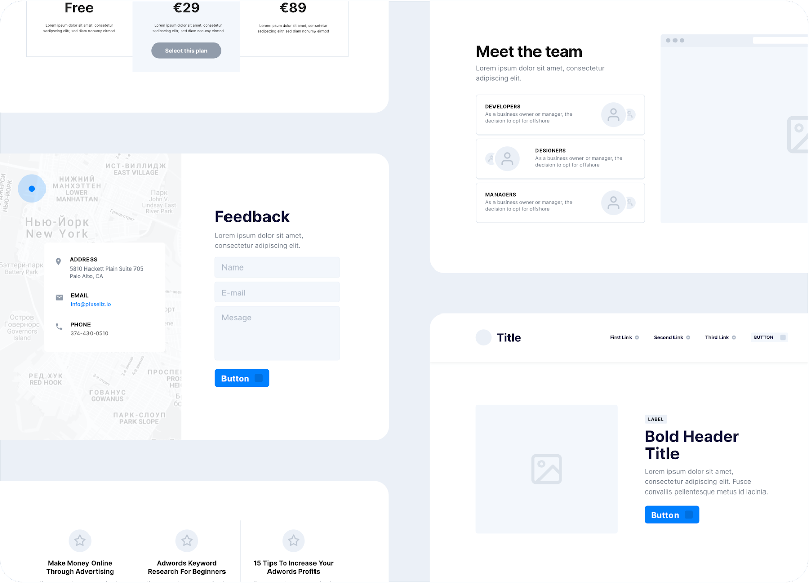 An array of basic layouts/templates in Proto.io including a team page, feedback page, and basic hero page.
