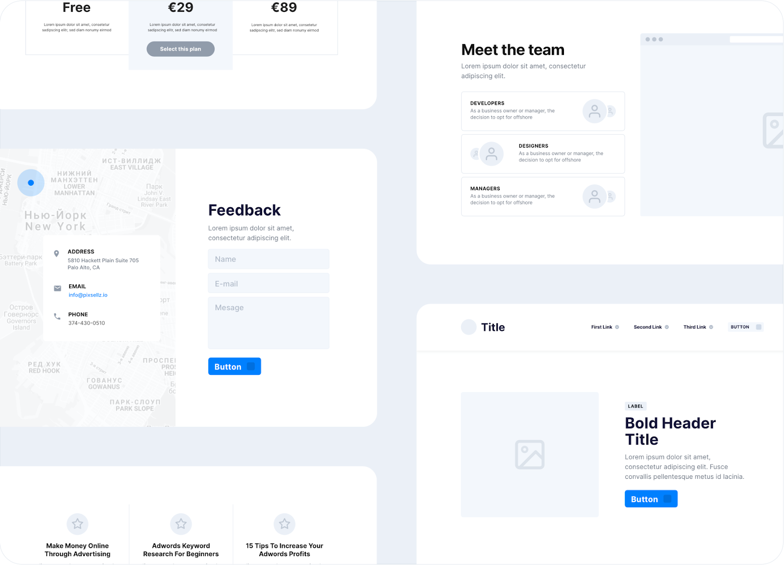 An array of basic layouts/templates in Proto.io including a team page, feedback page, and basic hero page.