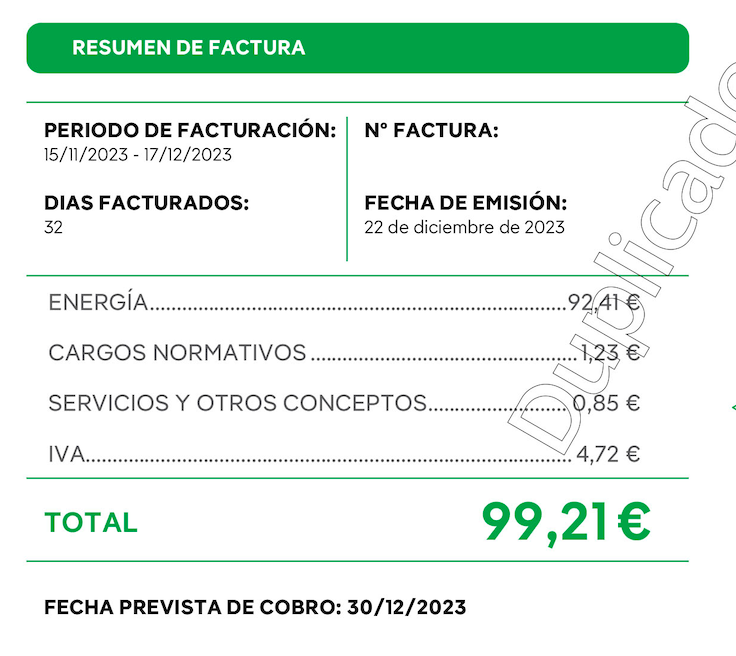 Extracto del resumen de la factura de la luz.