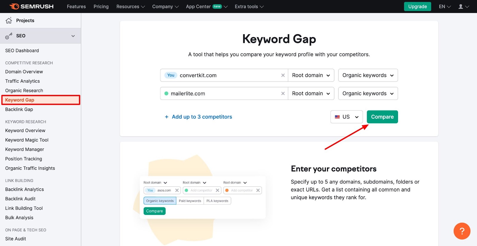 Semrush’s Keyword Gap tool - How to Find Competitors Keywords