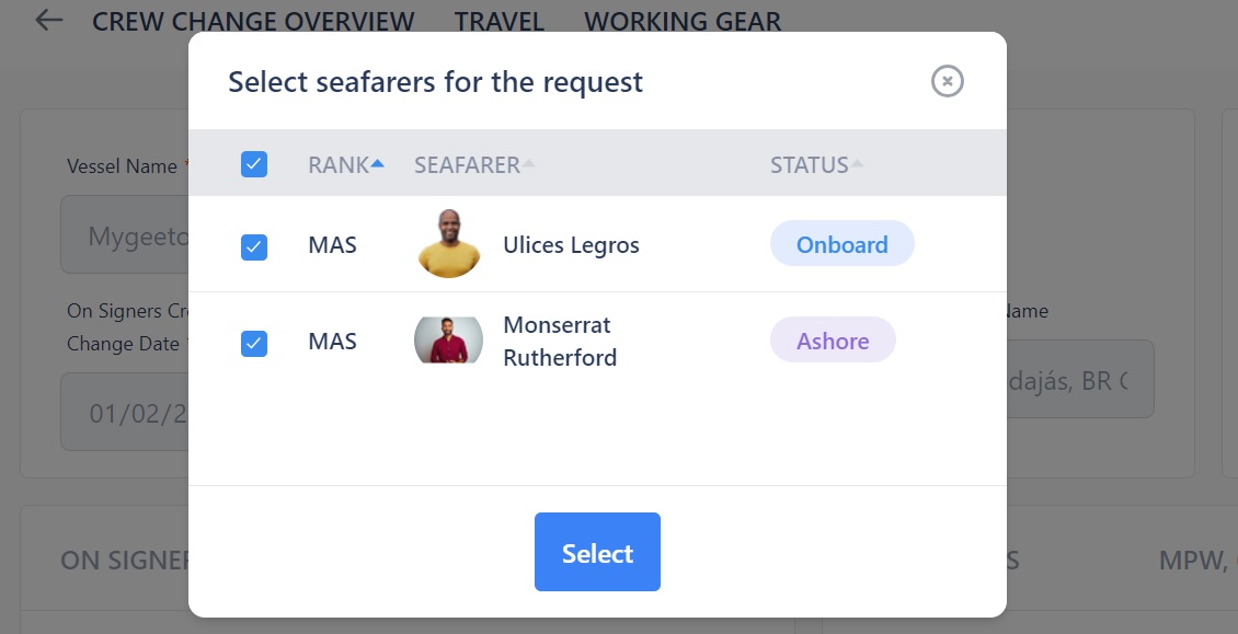 Screenshot of Martide's maritime crew management system showing the seafarers pop-up box