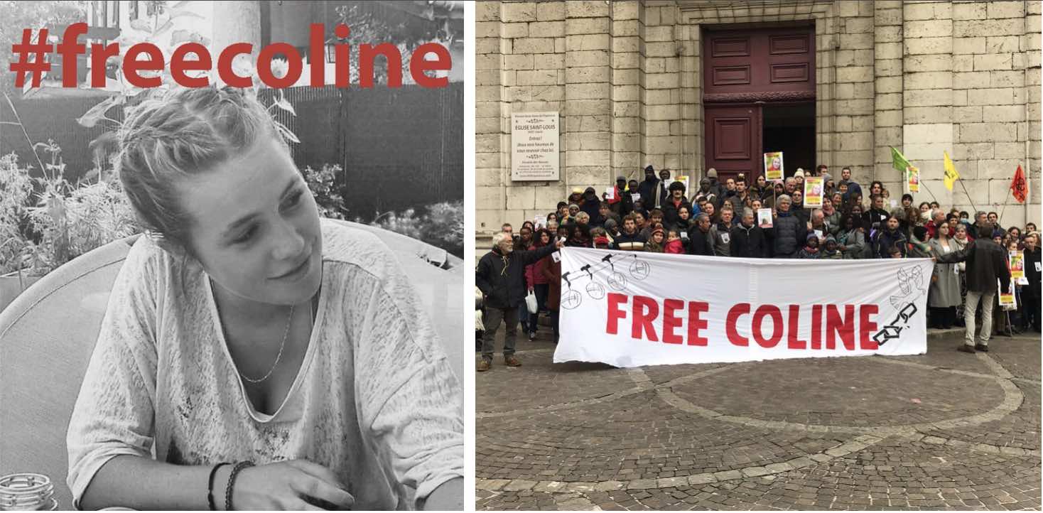 An image of Coline and a rally outside a church with a banner saying Free Coline!