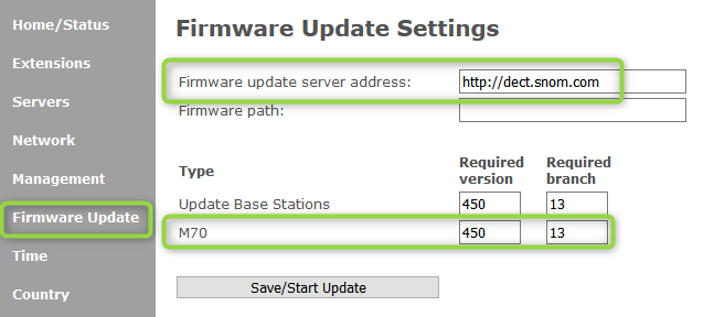 Configurações de atualização de firmware Snom.
