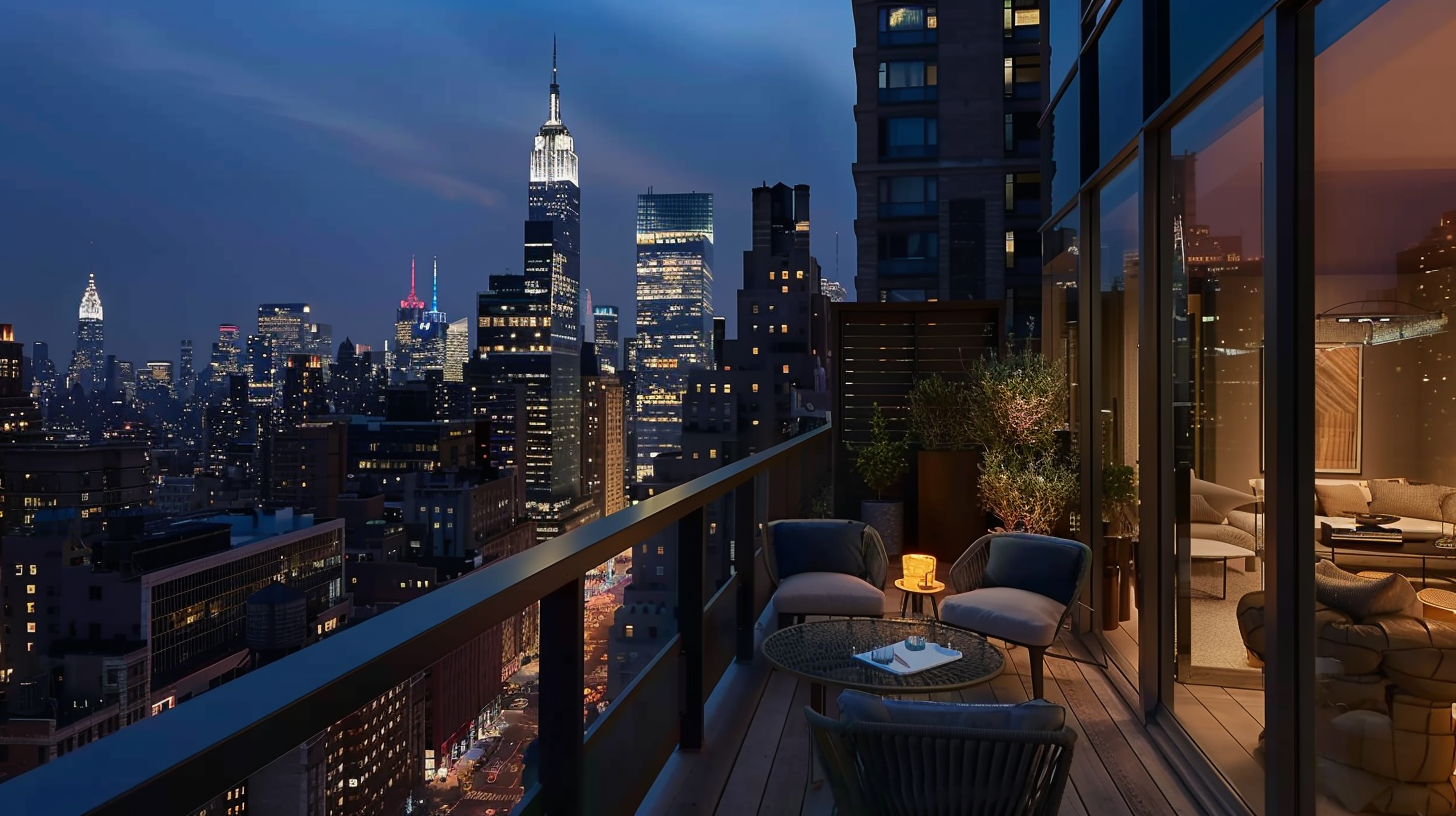 A nighttime city skyline view from a balcony of an apartment in New York City