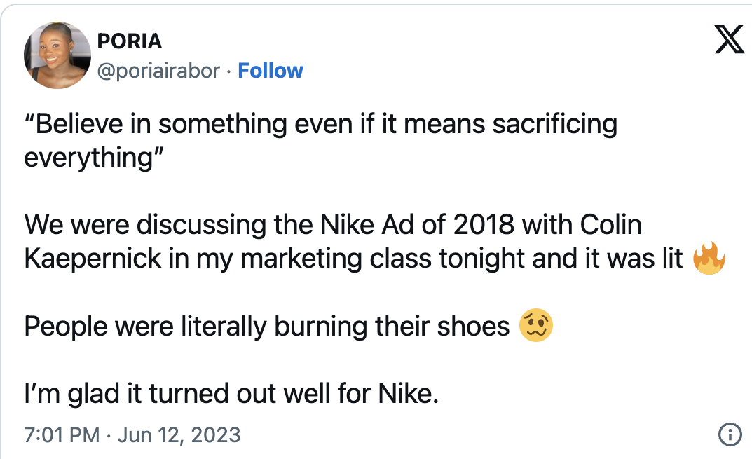 a screenshot of a Twitter post commedning Nike for sticking to their Justdoit campaign in support of Colin Kaepernick despite the initial controversy.

