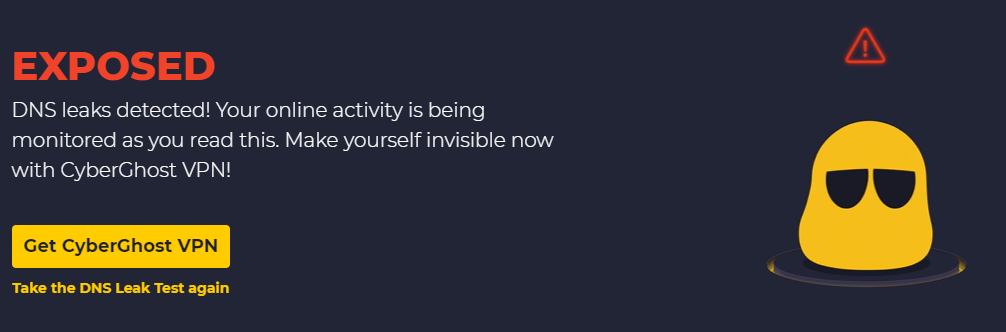 Logotipo do CyberGhost VPN com aparência sinistra sob o sinal de aviso de vazamento de DNS.