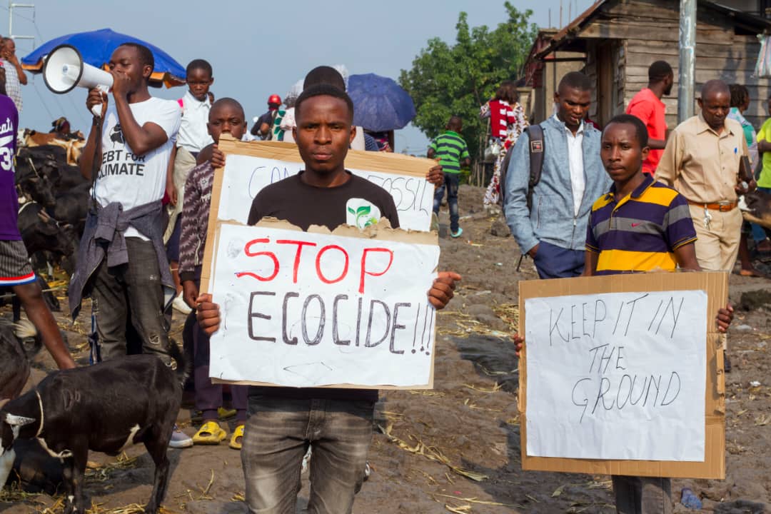 Rebels march through a village holding anti-oil signs 