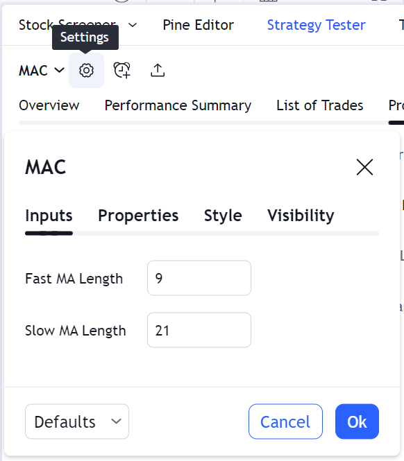Settings panel