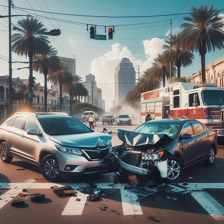 Two cars involved in a head-on collision accident in New Orleans, Louisiana. 