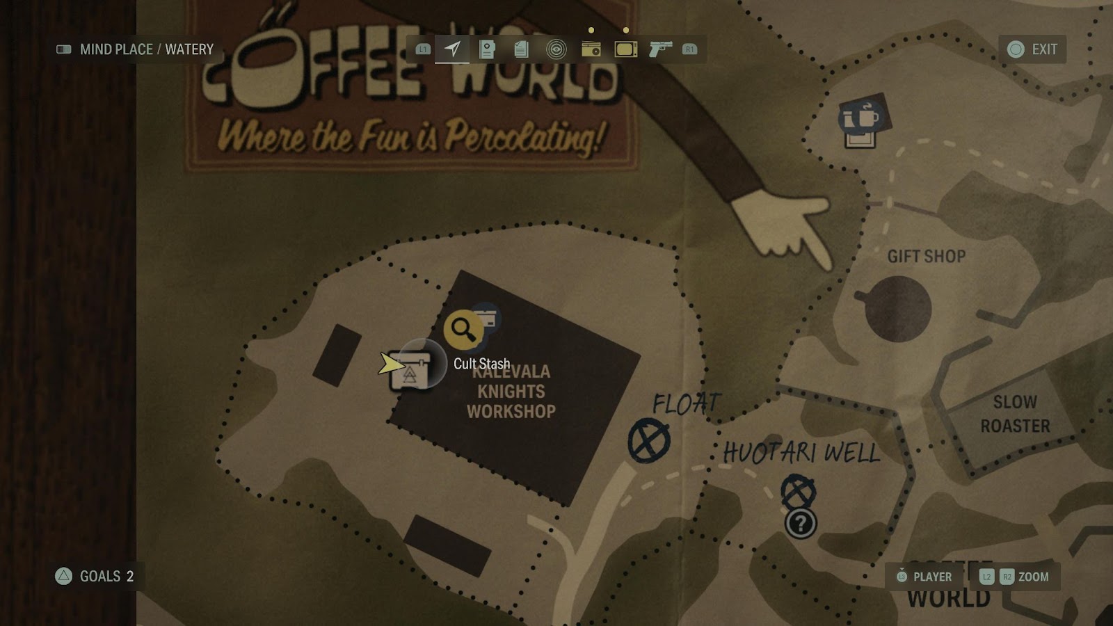 An in game screenshot of the Kalevala Workshop map from Alan Wake 2