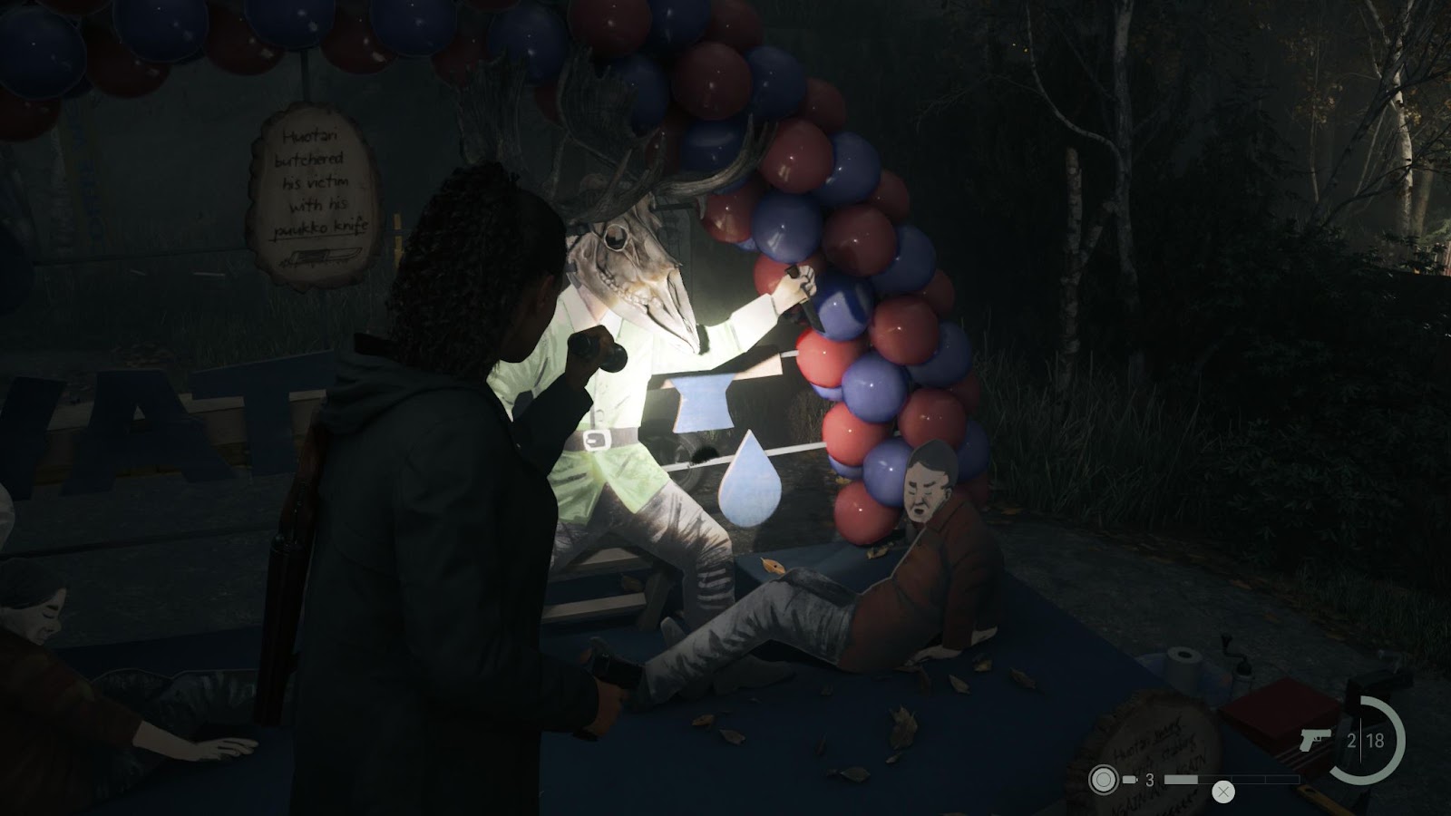 An in game screenshot of the moose mask and Puuko knife added to the parade float in Alan Wake II. 