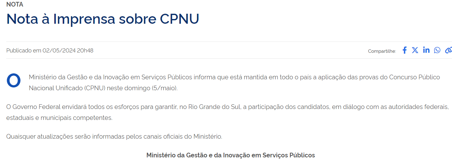 Comunicado Oficial do Ministério da Gestão e da Inovação em Serviços Públicos Confira CNU no Próximo Domingo, 05/05.