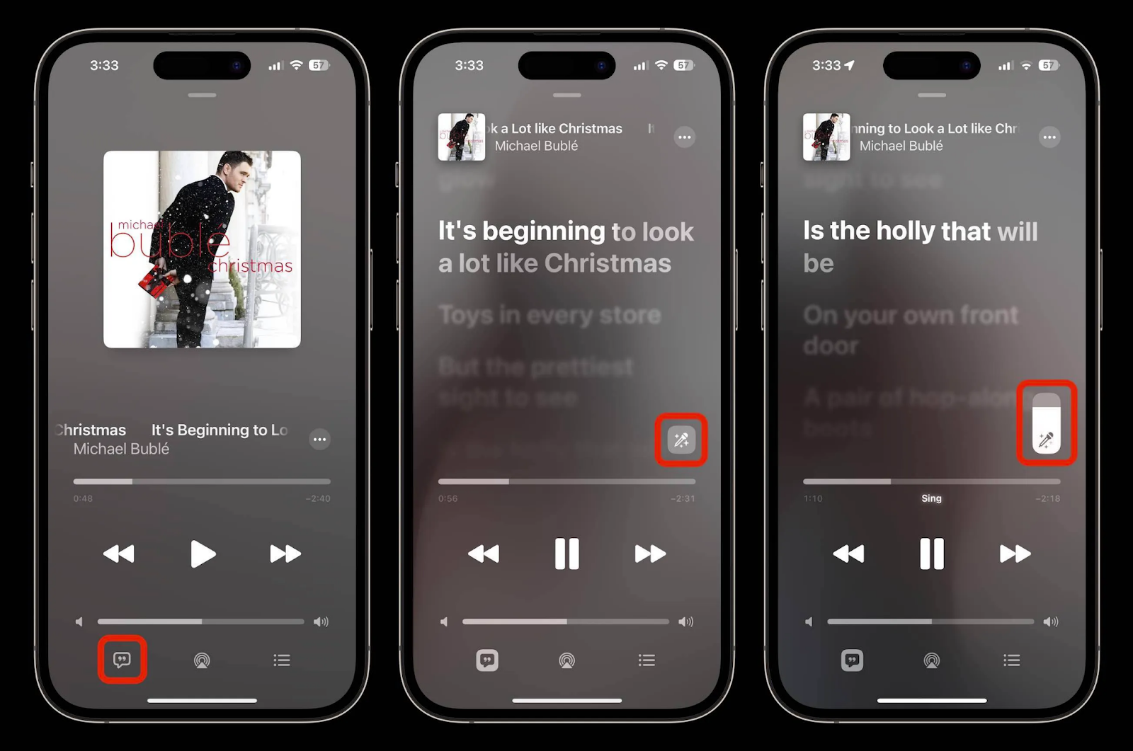 Apple Music Sing turning on tutorial: screen shots with Lyrics and Microphone buttons highlighted in red