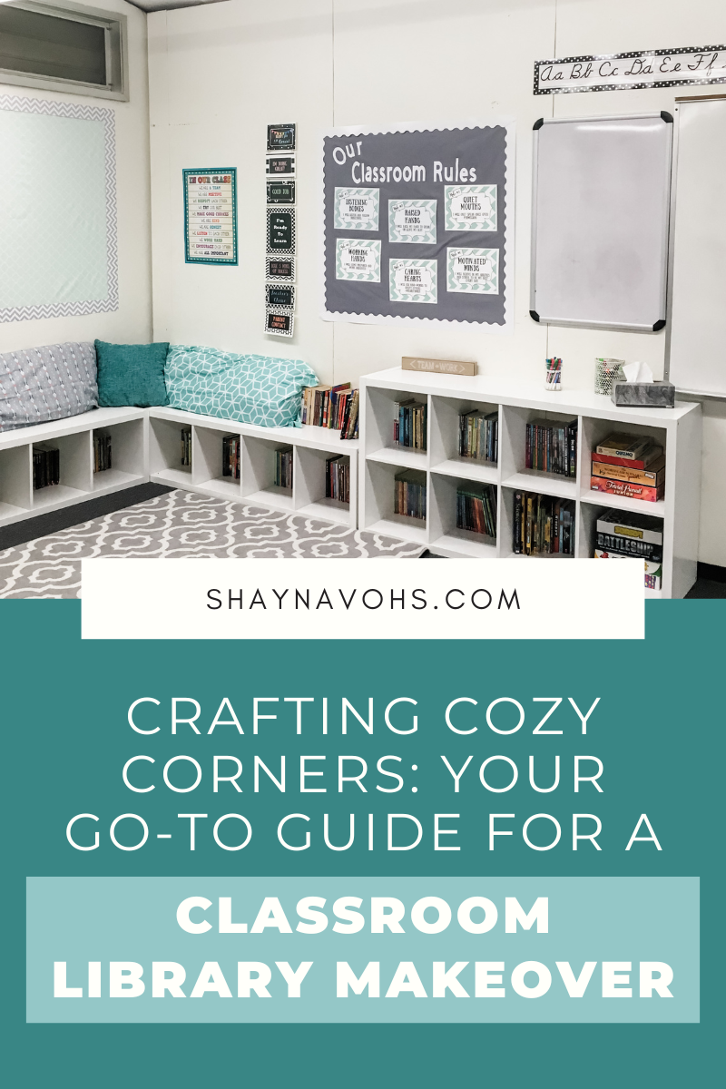 This image shows a classroom library with low bookshelves and pillows. The text at the bottom of the image reads "Crafting cozy corners: your go-to guide for a classroom library makeover." 