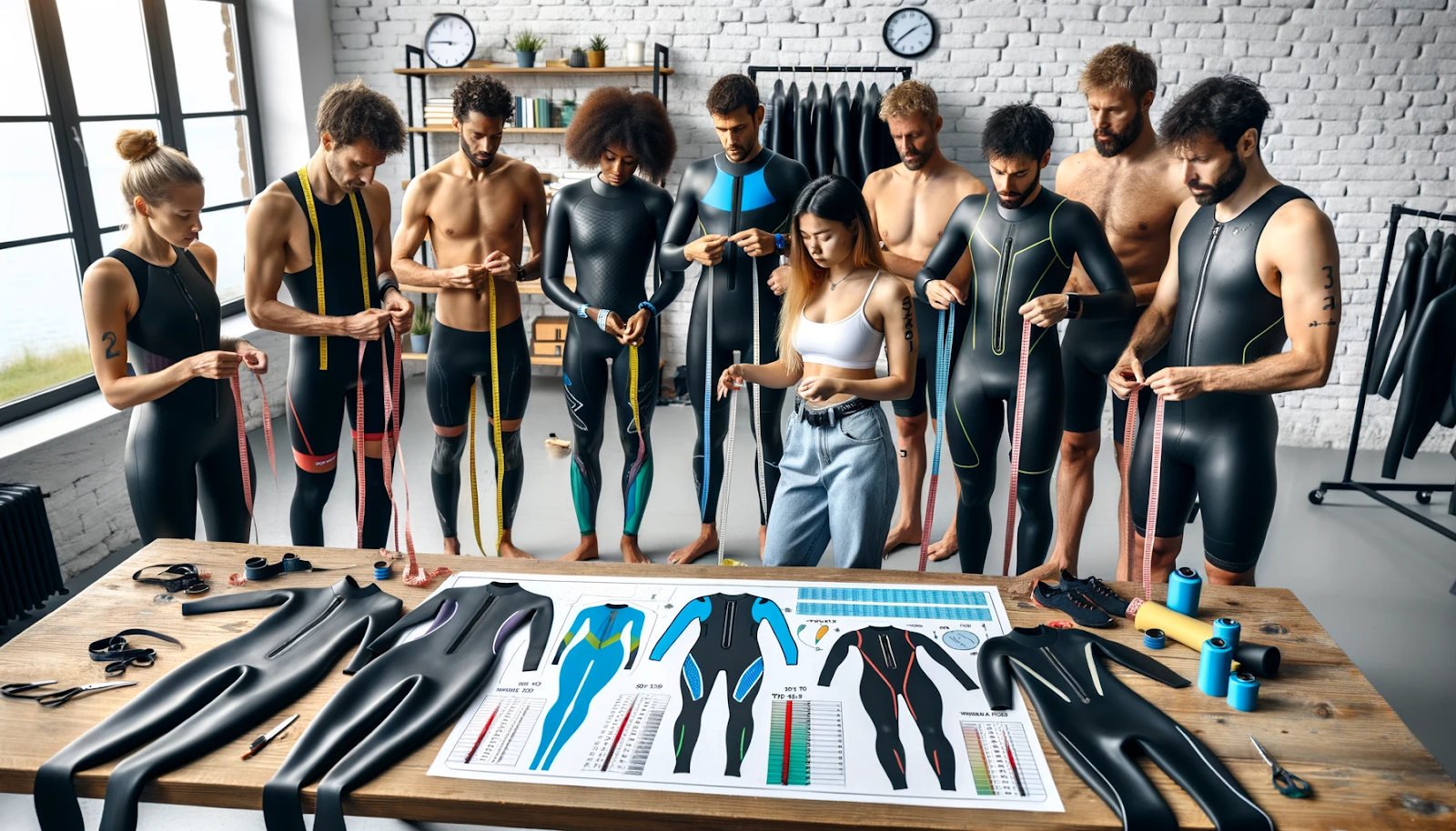 Photo of a diverse group of triathletes standing together, discussing wetsuits. Some are holding measuring tapes around their arms and waist, while others are examining the neoprene material of different wetsuits. Thermometers and water temperature charts can be seen in the background. A few athletes are seen checking the thickness of the wetsuits, while another points at a map showing various race locations and their respective water temperatures.