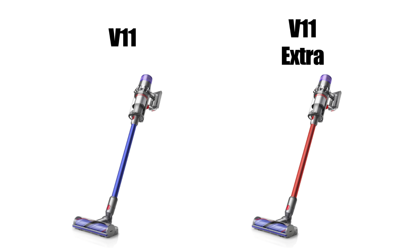 Two Dyson V11 cordless vacuums (V11 and V11 Extra) displayed against a white background.