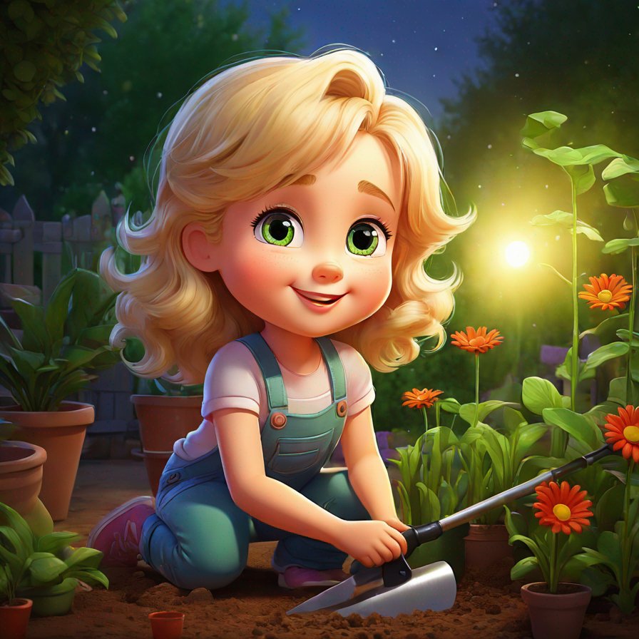 little girl, blonde, green eyes, gardening