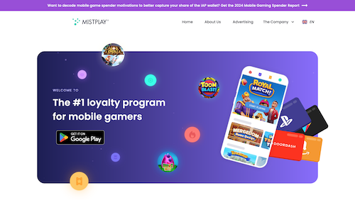 The Mistplay homepage showing game offers on a cell phone and partner platforms you can earn gift cards from. 