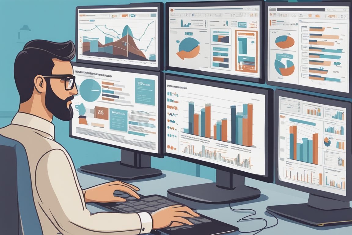 A dropshipping expert analyzing data and trends on multiple computer screens