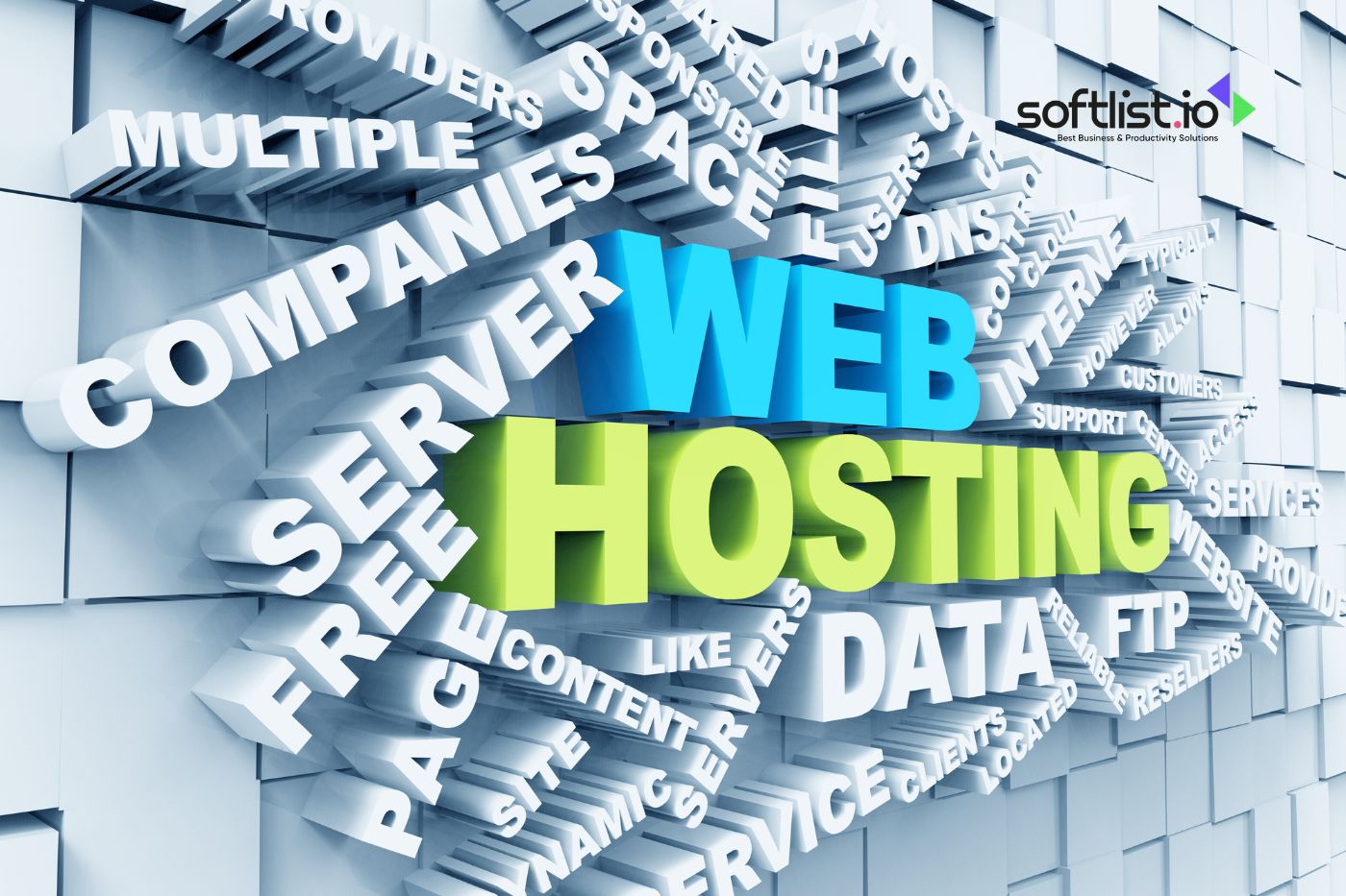 Graphic with 3D text for web hosting related terms.