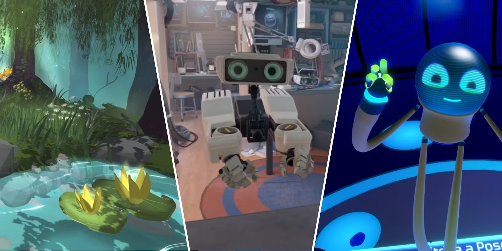 Collage of three different virtual reality scenes. Two show robots. 