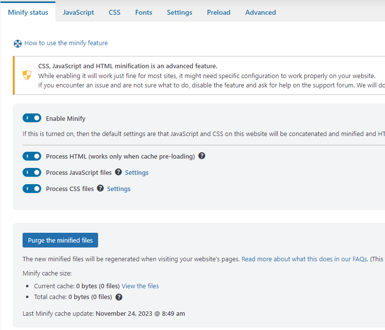 Minification and Concatenation - Minify status