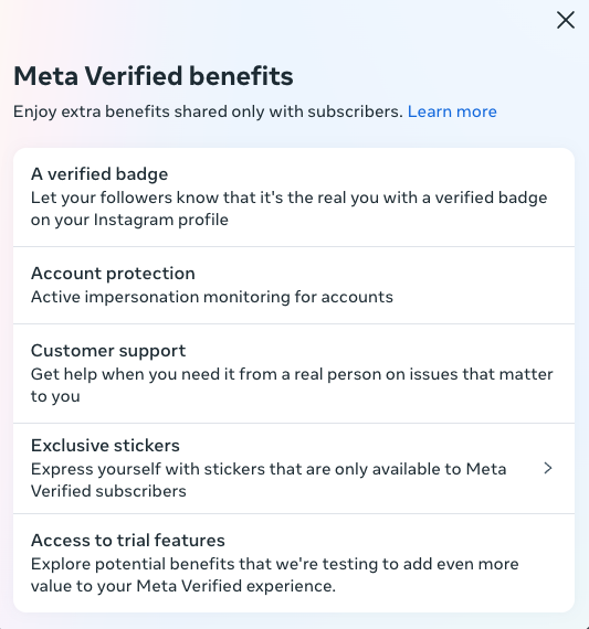 A screenshot of the benefits of Meta Verified