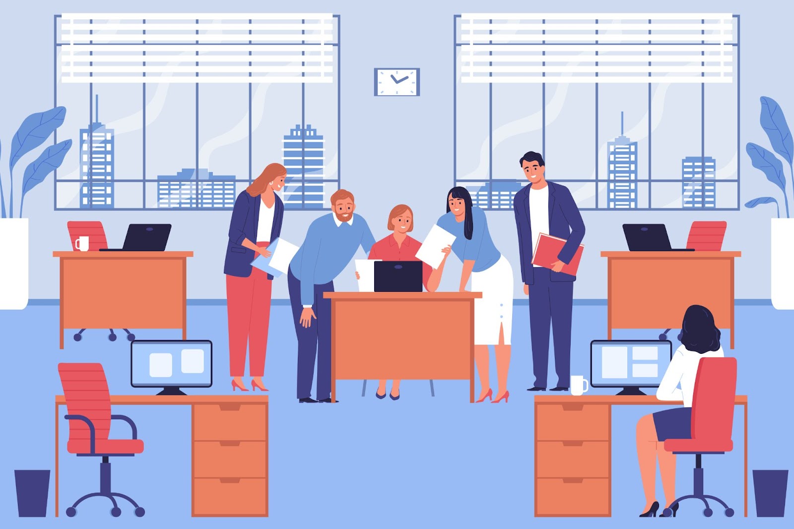 A flat design illustration of an office scene with several professionals gathered around a desk, collaborating on a project with computers and documents.