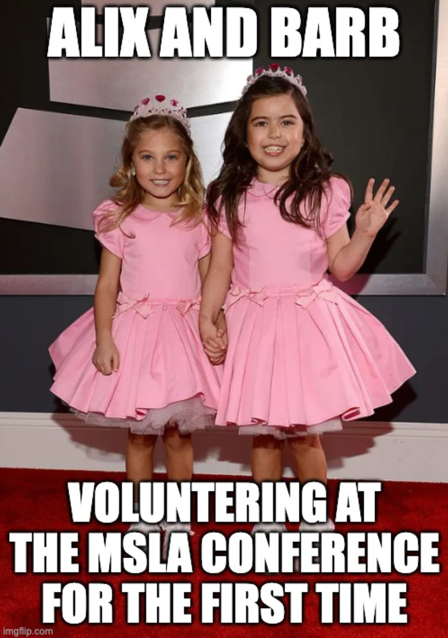 Two white elementary-aged girls in matching pink fluffy dresses and tiaras hold hands and smile; captioned meme-style "Alix and Barb Volunteering at the MSLA Conference for the First Time"