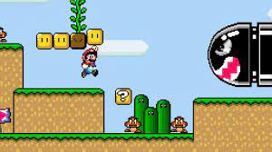 print do jogo Super Mario World, @D, cores vibrantes, com um céu azul, o Mario pulando e batendo numa caixa acima dele, plataformas marrons representando terra com uma cobertura de grama e uma bala ge revolver gigante com um rosto pintado.