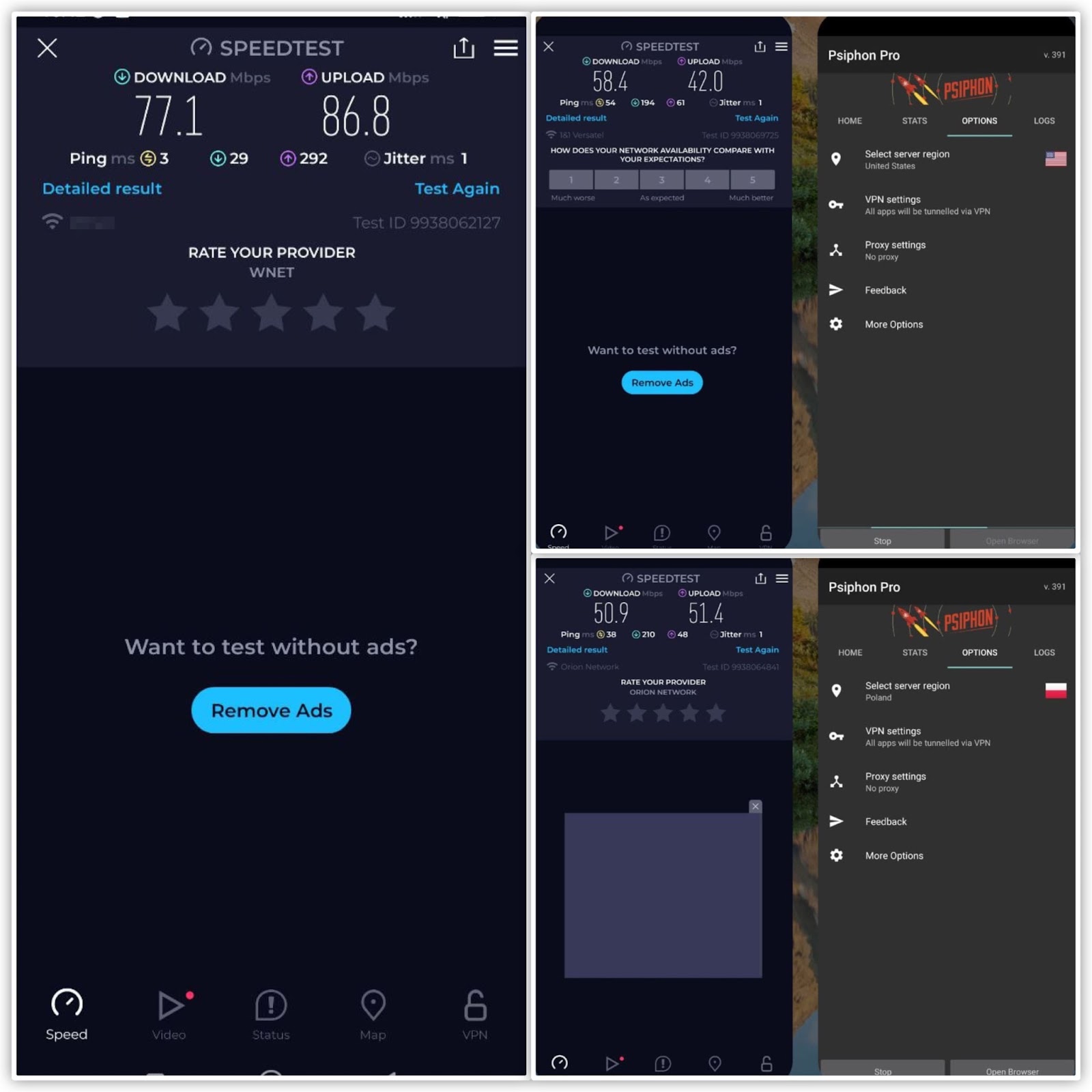 Psiphon for Android speed test