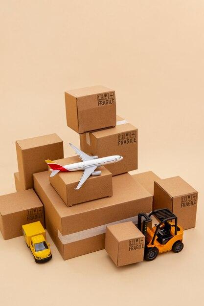 Free photo vehicles and boxes supply chain representation