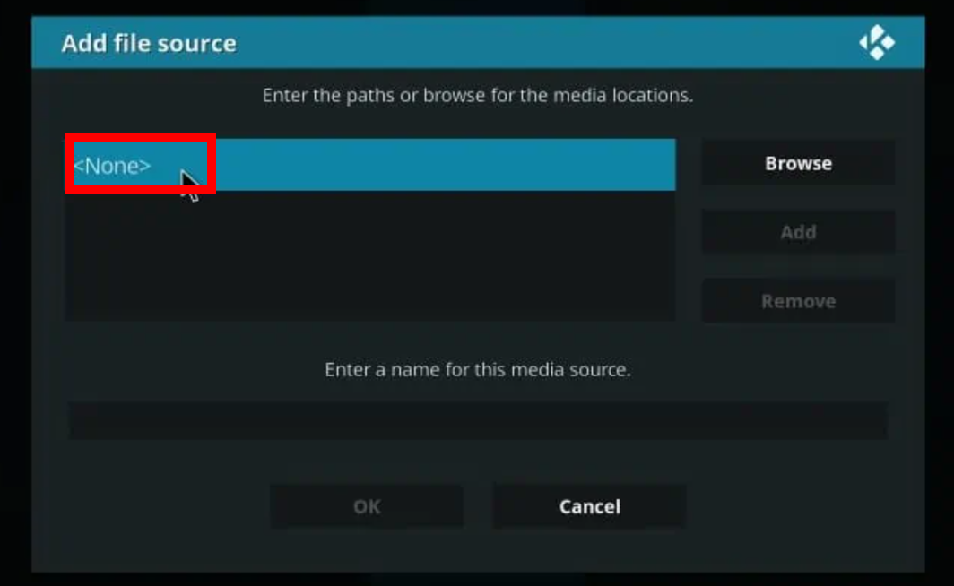 Kodi Add media source menu with blue box highlighted in red border