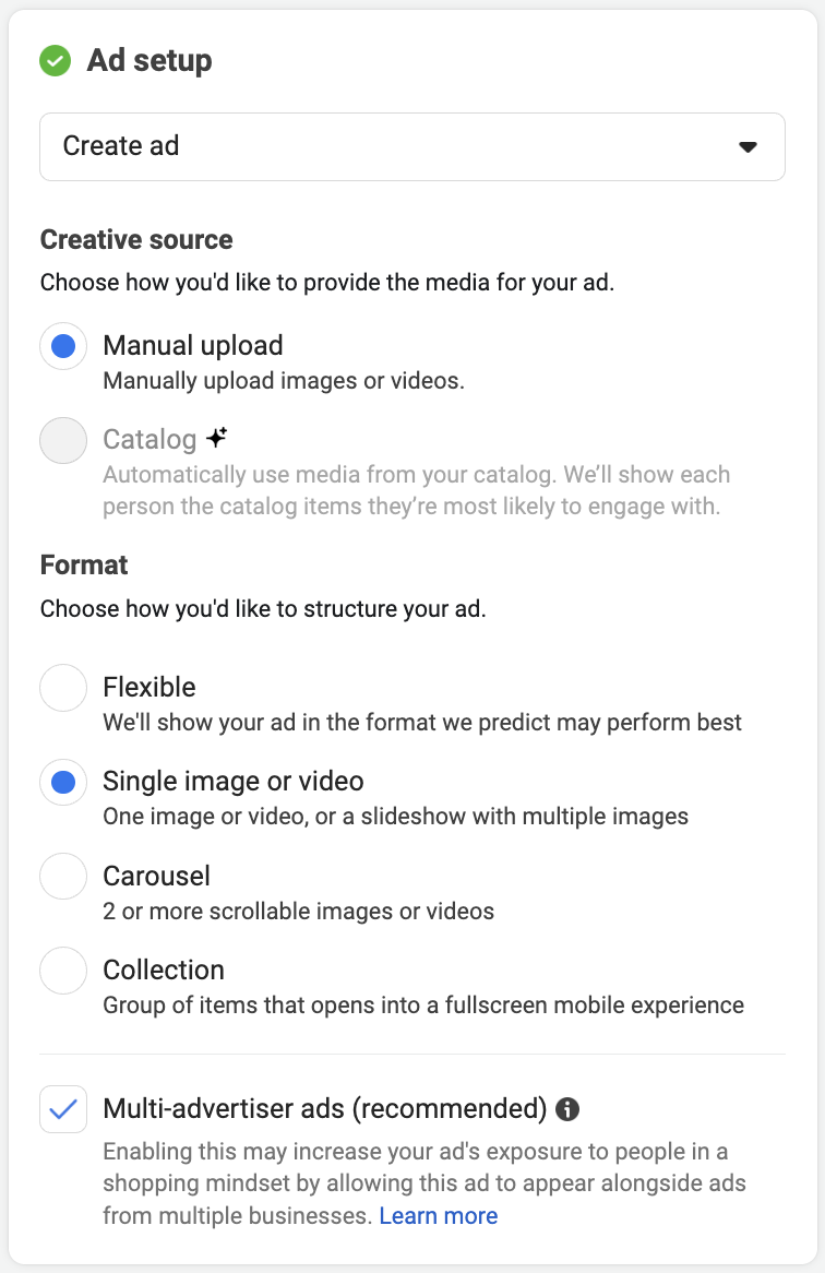 ad setup section of ads manager
