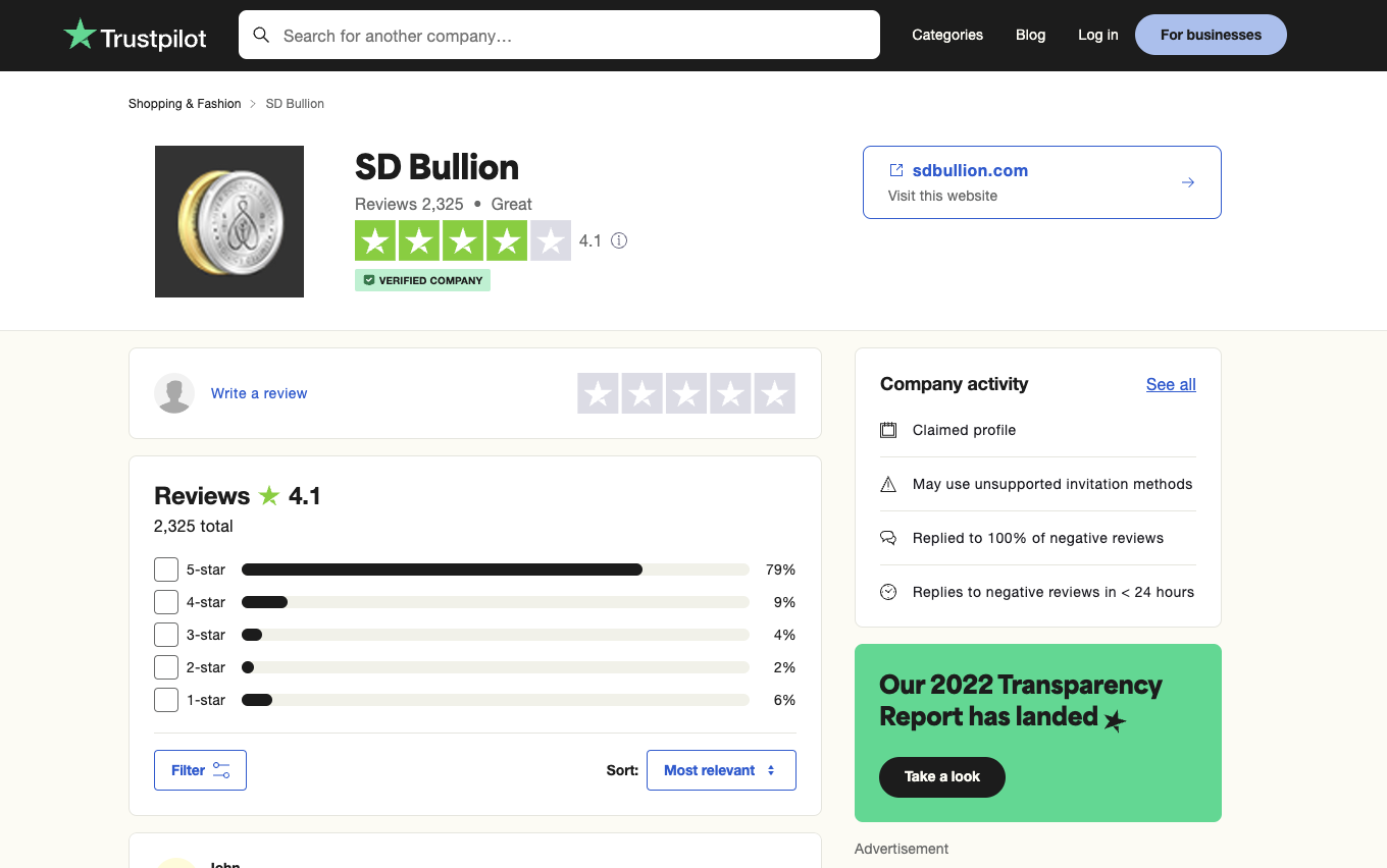 SD Bullion complaints on Trustpilot page