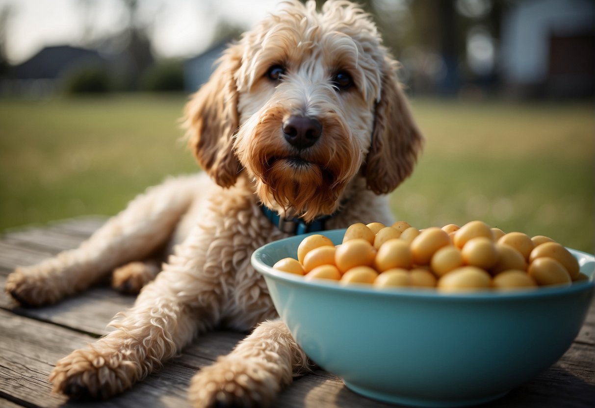 A Goldendoodle sits next to a full food bowl, looking disinterested. The dog's ears are drooping and its tail is tucked between its legs