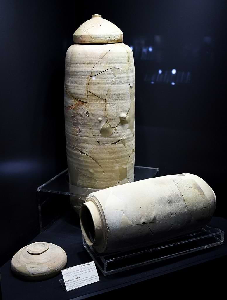 A pair of ceramic jars used to store some Dead Sea Scrolls, discovered at the Qumran site
