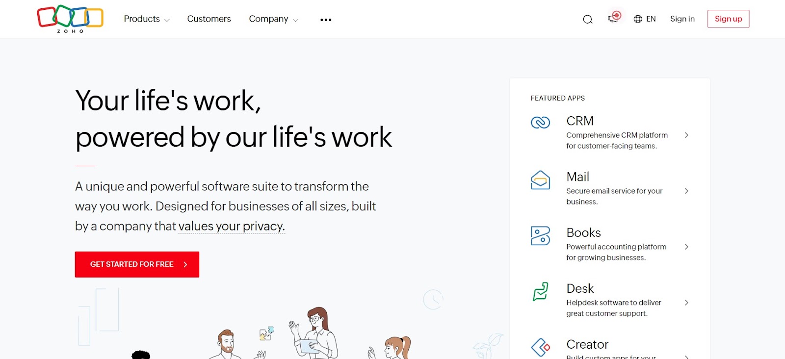 A screenshot of Zoho's website